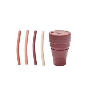 Collapsible Stojo Mauve Purple Cup with straws